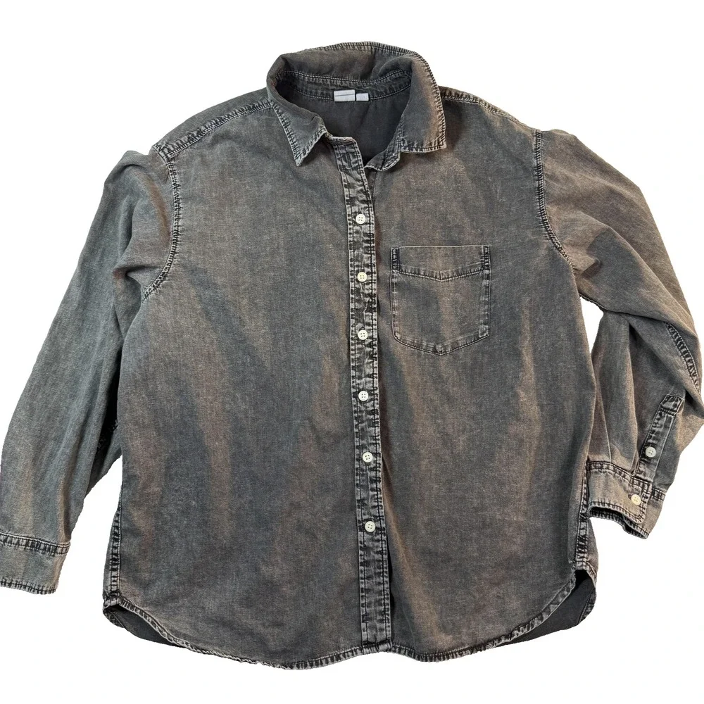 90s GAP Black Acid Wash Chambray Shirt Grunge Workwear Mens M Faded Denim